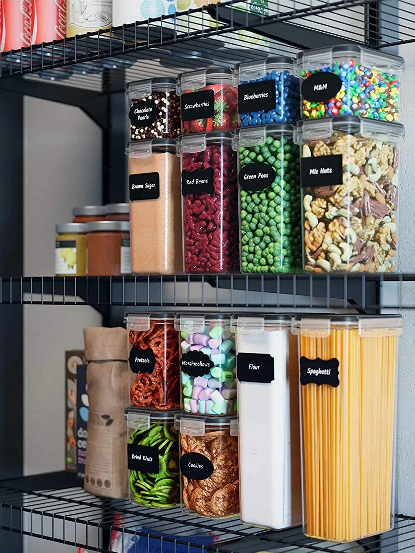 48pcs Air-tight food storage containers with labels flour, sugar, salt, pepper, grains, tea, nuts and coffee beans,
48pcs Air-tight food storage containers with labels flour, sugar, salt, pepper, grains, tea, nuts and coffee beans,