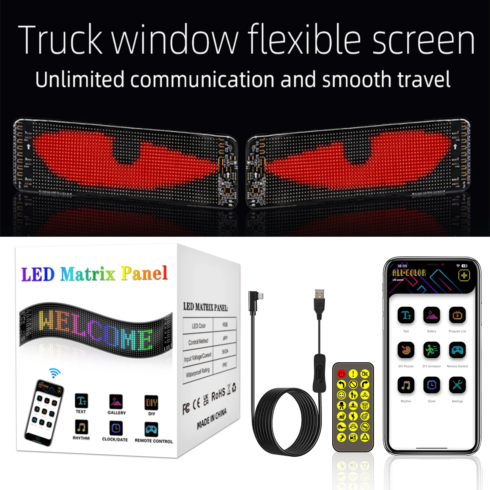 Truck Devil Eye LED Matrix Pixel Panel Lighting Bright Bluetooth App Control Logo Light DIY LED Display Car Shop with APP
Truck Devil Eye LED Matrix Pixel Panel Lighting Bright Bluetooth App Control Logo Light DIY LED Display Car Shop with APP
