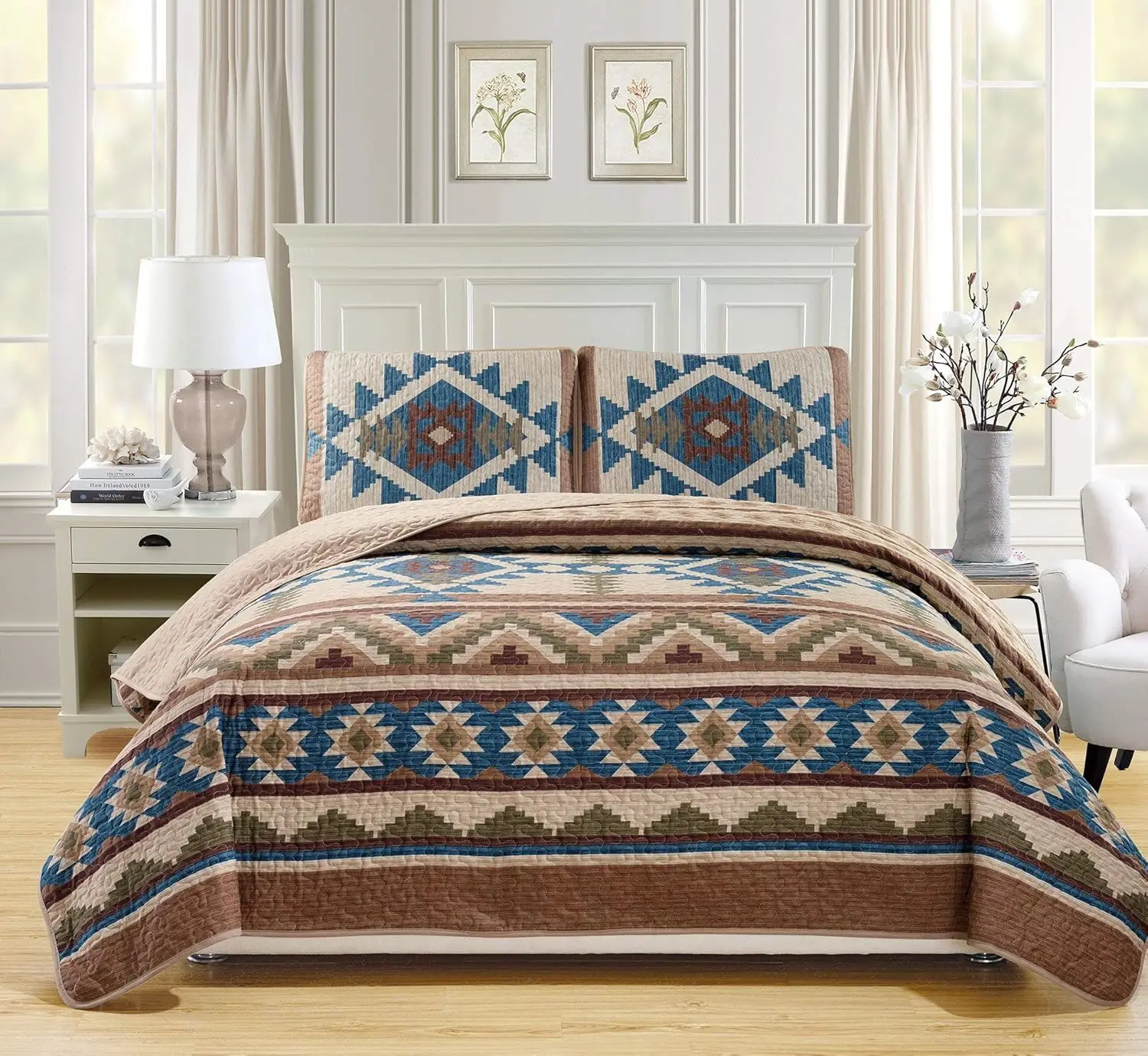 Southwestern Tribal Design Oversized King Quilt Set in Beige Taupe Brown Blue Green, Machine Washable
Southwestern Tribal Design Oversized King Quilt Set in Beige Taupe Brown Blue Green, Machine Washable