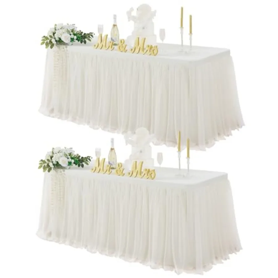 Ivory Table Cloths 6 Feet Rectangle 2 Pack Stretch Ruffle Tulle Tablecloth Spandex Fitted Table Cover for 6 Feet Tulle Table Sk