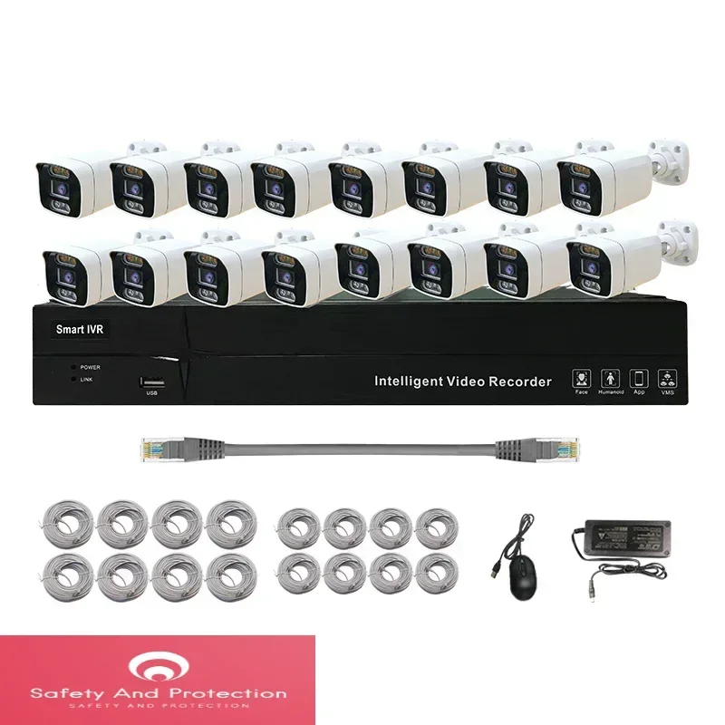 16 Channel 4K 8MP IP Cameras Set Two Way Audio Intelligent Bullet Network Camera CCTV System Waterproof AI POE NVR Kit