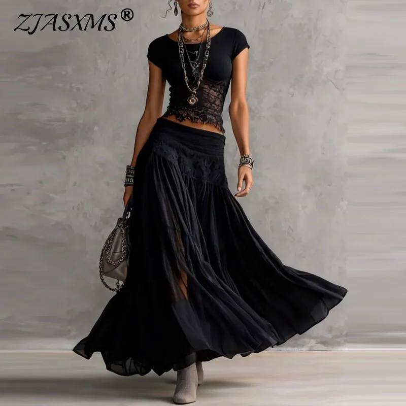Vintage Solid Bohemian Two Piece Outfit Short Sleeve Ribbed Crop Top + Flowy Maxi Skirt Women's Suit Casual Streetwear Lace Sets
Vintage Solid Bohemian Two Piece Outfit Short Sleeve Ribbed Crop Top + Flowy Maxi Skirt Women's Suit Casual Streetwear Lace Sets