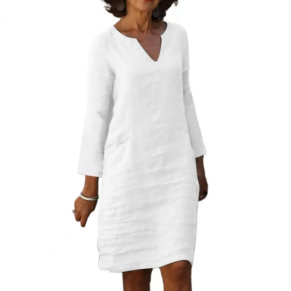 Women Fall Dress V Nevk Solid Color Three Quarter Sleeve H-shaped Soft Breathable Pullover Knee Length Lady Midi Dress
Women Fall Dress V Nevk Solid Color Three Quarter Sleeve H-shaped Soft Breathable Pullover Knee Length Lady Midi Dress