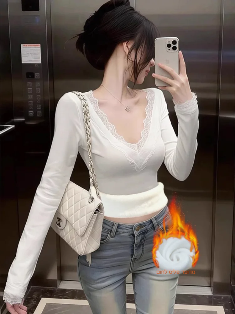 Thickened Fleece Long Sleeve V-neck Women's Thermal Shirt Lace Underwear Top High Elasticity Warmth Body Shaping Home Clothes
Thickened Fleece Long Sleeve V-neck Women's Thermal Shirt Lace Underwear Top High Elasticity Warmth Body Shaping Home Clothes