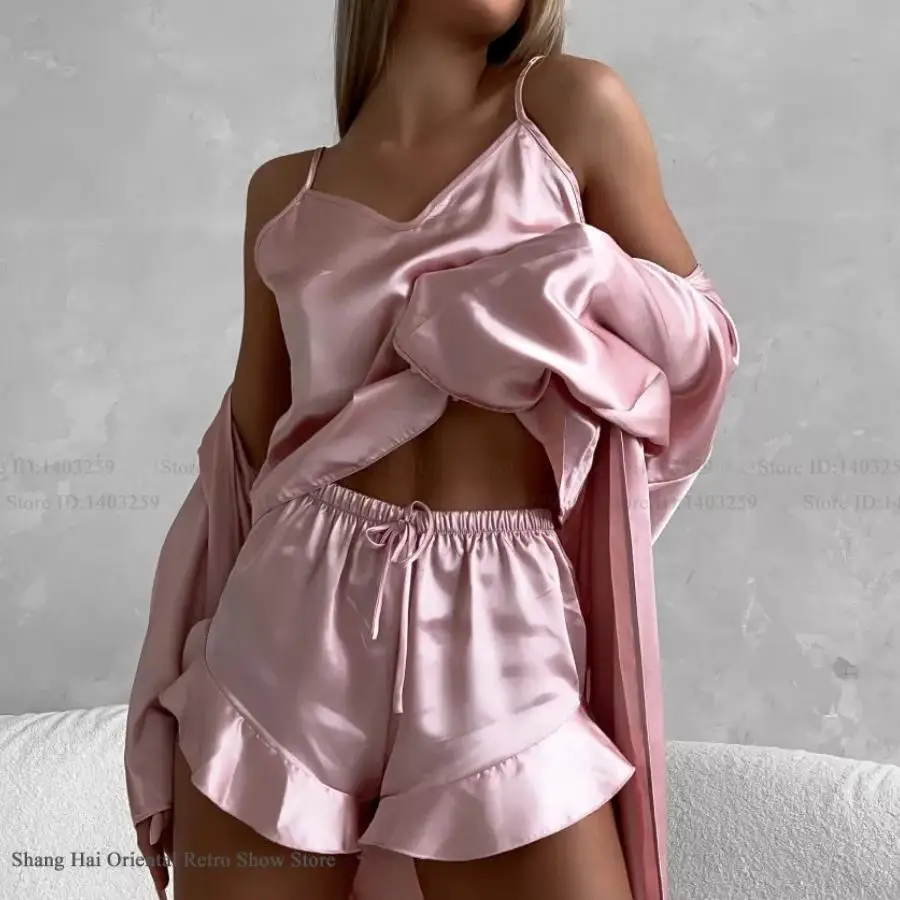 Fashion Women's Pajamas 3PCS Set Pink Long Robe Kimono Bathrobe Gown Nightwear Sexy Silk Satin Homewear Cami Shorts Pijamas Suit
Fashion Women's Pajamas 3PCS Set Pink Long Robe Kimono Bathrobe Gown Nightwear Sexy Silk Satin Homewear Cami Shorts Pijamas Suit