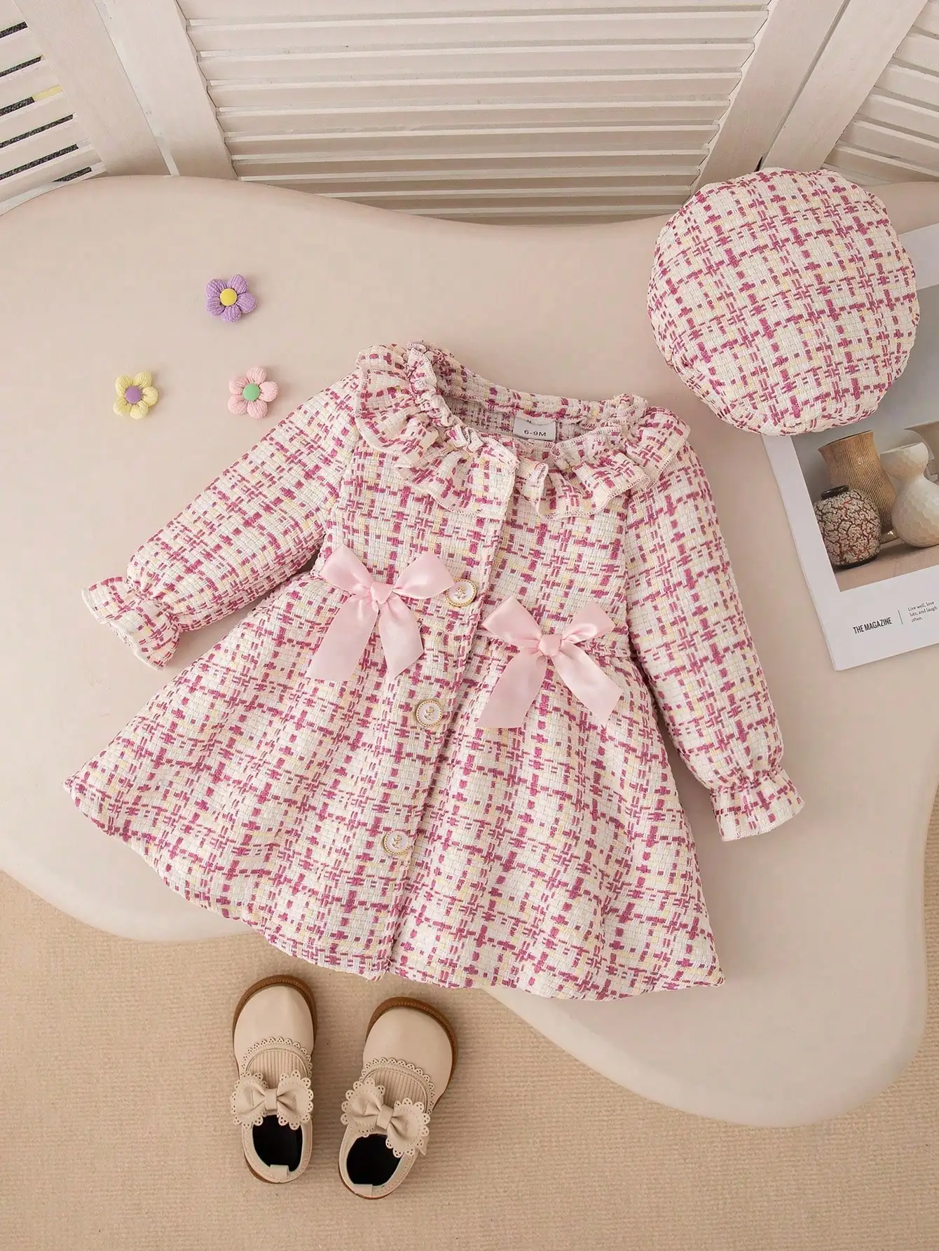 Pink & Cream Tweed Dress with Ruffled Collar, Satin Bows & Matching Beret for Toddler Girls
Pink & Cream Tweed Dress with Ruffled Collar, Satin Bows & Matching Beret for Toddler Girls