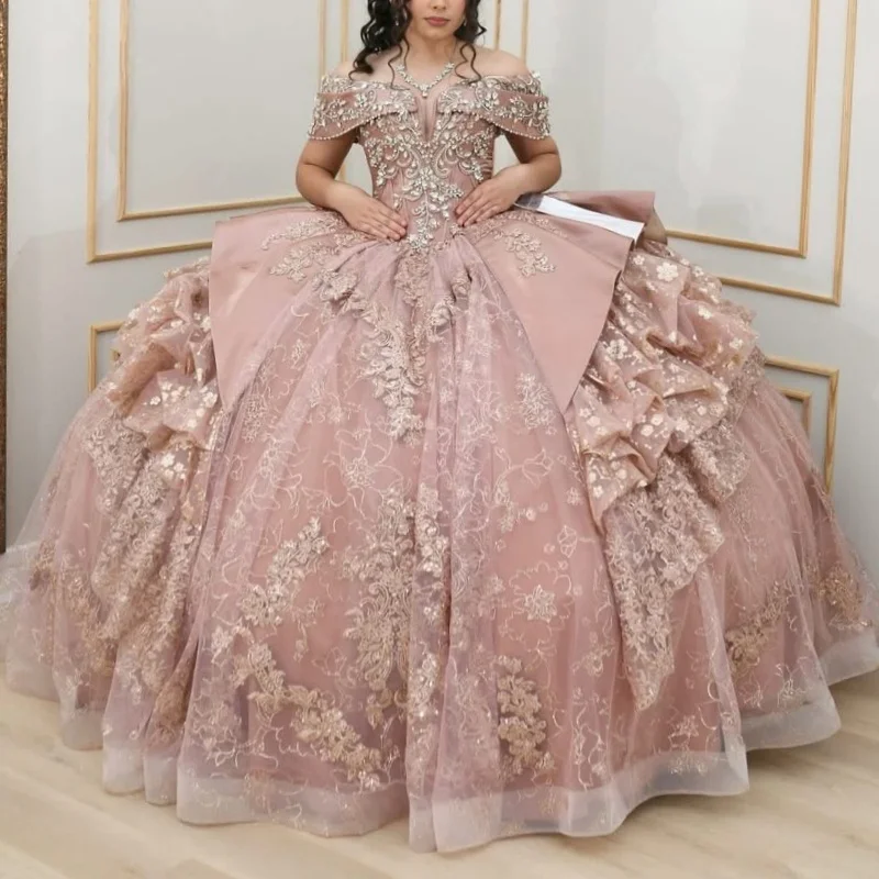 Pink Sparkly Princess Off Shoulder Quinceanera Dresses Lace Applique Beading Crystal Tull Sweet 16 Dress Ball Gown Vestidos 15
Pink Sparkly Princess Off Shoulder Quinceanera Dresses Lace Applique Beading Crystal Tull Sweet 16 Dress Ball Gown Vestidos 15
