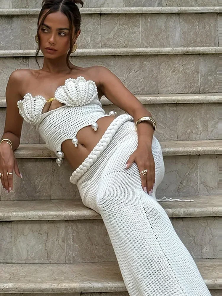 Knitted Pearl Tube Top Skirt Sets Women Sleeveless Backless Crop Tops High Waist Skirts Suits Female 2 Piece Vacation Beach Sexy
Knitted Pearl Tube Top Skirt Sets Women Sleeveless Backless Crop Tops High Waist Skirts Suits Female 2 Piece Vacation Beach Sexy