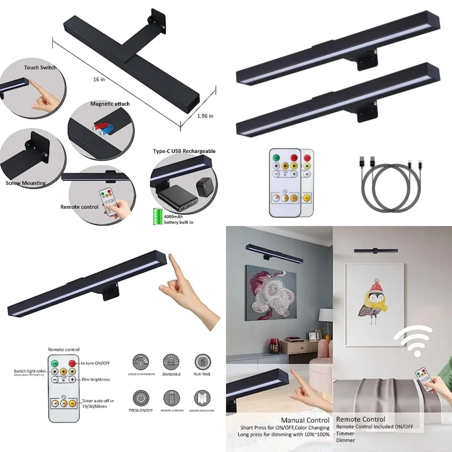 LED Picture Lights with Remote, 16in Metal Battery Operated Picture Light, Rechargeable Display Lamp, Dimmable Dartboard Light
LED Picture Lights with Remote, 16in Metal Battery Operated Picture Light, Rechargeable Display Lamp, Dimmable Dartboard Light