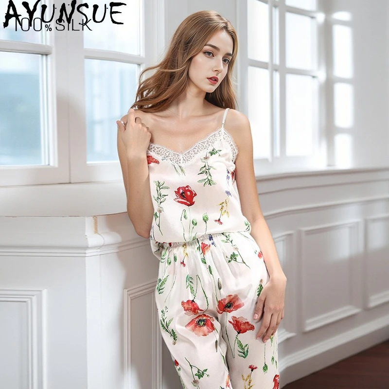 AYUNSUE 16 мм, 100% натуральный шелк тутового шелкопряда, женская летняя домашняя одежда, пижамный комплект, топ без рукавов, брюки с принтом, пижама для женщин
AYUNSUE 16 мм, 100% натуральный шелк тутового шелкопряда, женская летняя домашняя одежда, пижамный комплект, топ без рукавов, брюки с принтом, пижама для женщин
