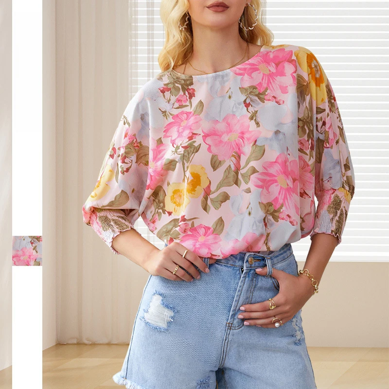 European and American Style Summer Loose Fit Printed Chiffon Blouse for Women, Simple Round Neck Top with Seven-point Sleeves
European and American Style Summer Loose Fit Printed Chiffon Blouse for Women, Simple Round Neck Top with Seven-point Sleeves