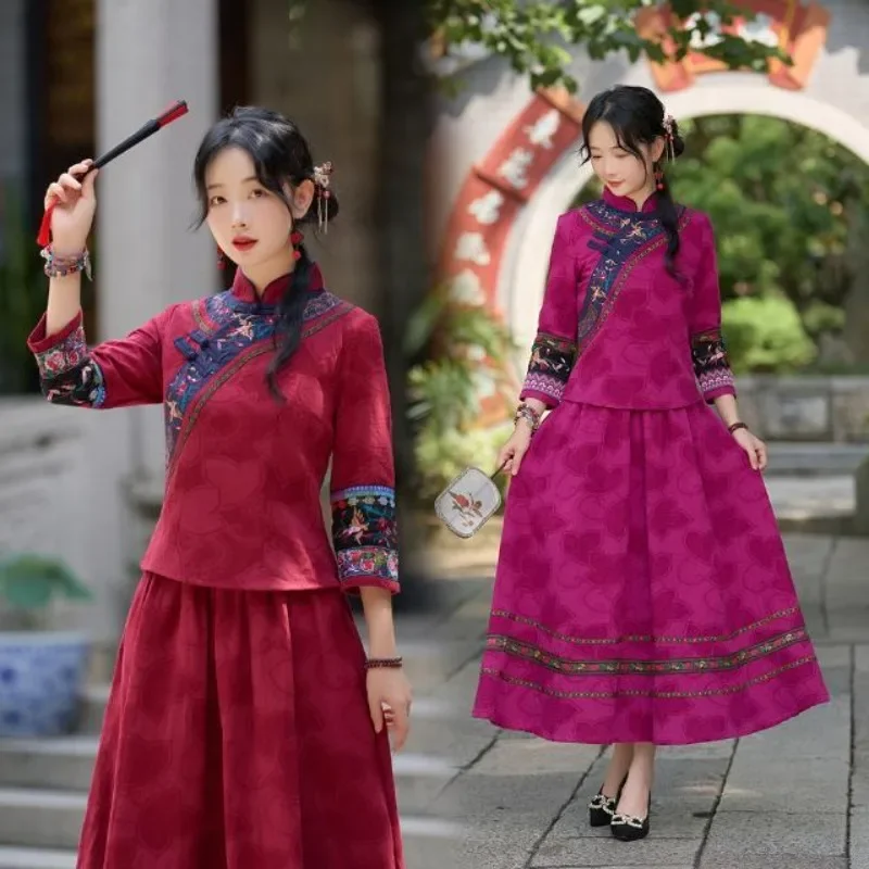 Chinese Women Top Skirt Qipao Suit Purple Embroidered Long Sleeved Blouse Jacquard Skirt Girl Traditional Improved Hanfu Dress
Chinese Women Top Skirt Qipao Suit Purple Embroidered Long Sleeved Blouse Jacquard Skirt Girl Traditional Improved Hanfu Dress