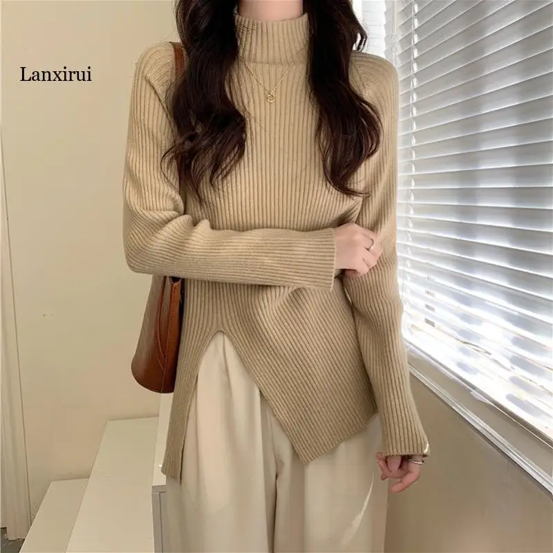 Simple Irregular Split Knit Sweater Women Autumn/winter Half High Collar Mid-length Knitted Top
Simple Irregular Split Knit Sweater Women Autumn/winter Half High Collar Mid-length Knitted Top