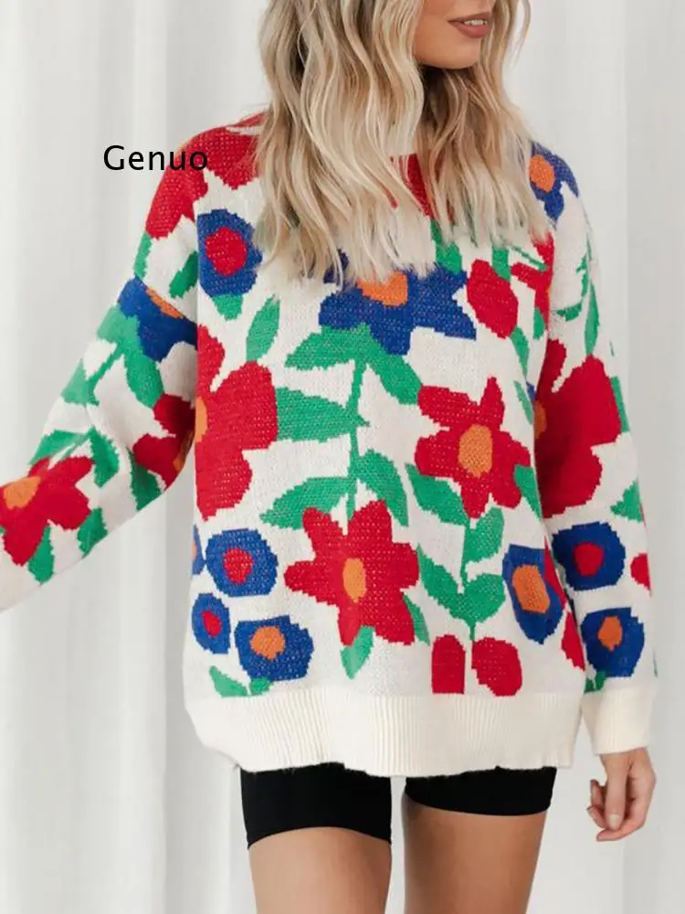 Floral Kintted Sweater Women Vintage Jumper Flower Spring Autumn O-neck Pullover Casual Warm Knitwear Loose Female Sweaters
Floral Kintted Sweater Women Vintage Jumper Flower Spring Autumn O-neck Pullover Casual Warm Knitwear Loose Female Sweaters
