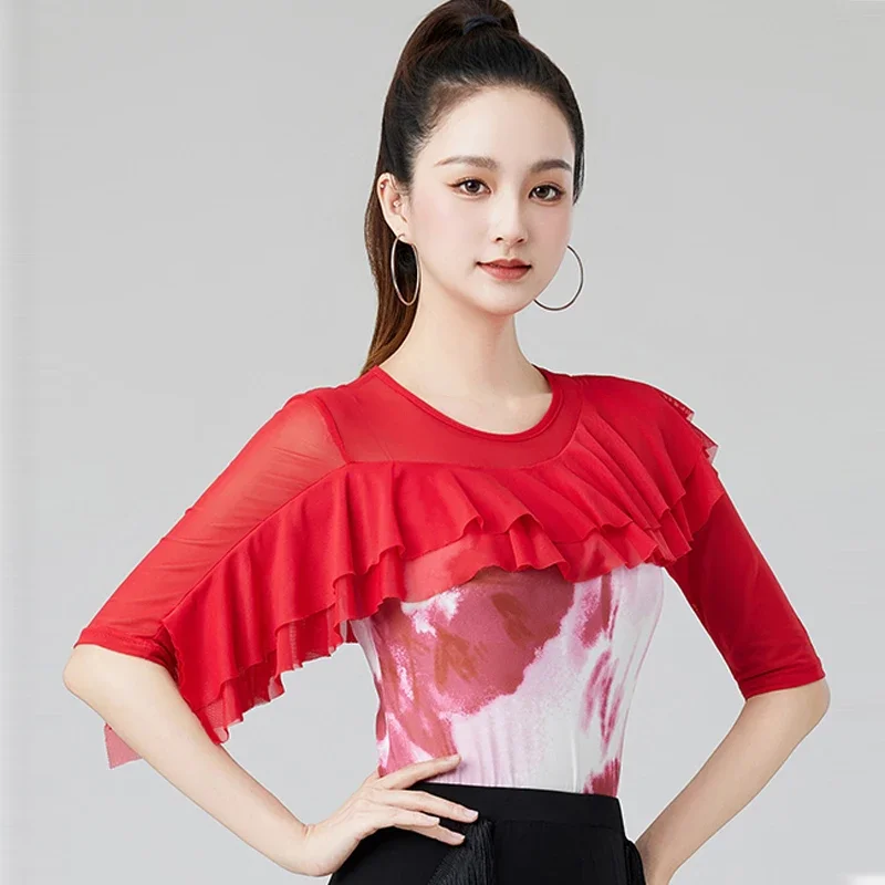 Summer Red Ruffled Sleeves Ballroom Dance Top Women'S Samba Latin Dance Tops Adults Tango Rumba Modern Dancing Wear
Summer Red Ruffled Sleeves Ballroom Dance Top Women'S Samba Latin Dance Tops Adults Tango Rumba Modern Dancing Wear