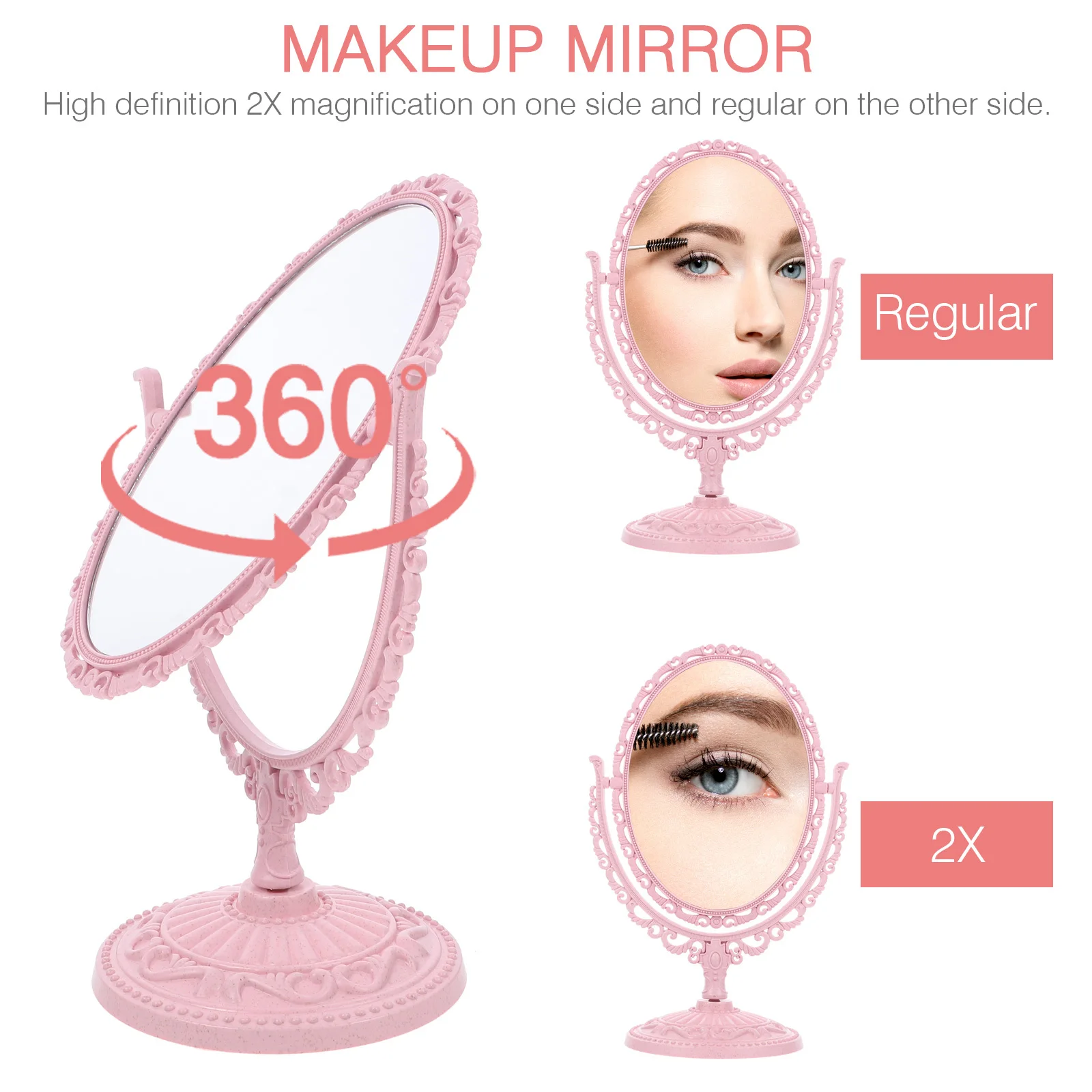 Tabletop Vanity Mirror Double-Sided 2X Magnifying Rotating Makeup Mirror 360 Degree Adjustable Oval Pink For Skincare Tools
Tabletop Vanity Mirror Double-Sided 2X Magnifying Rotating Makeup Mirror 360 Degree Adjustable Oval Pink For Skincare Tools