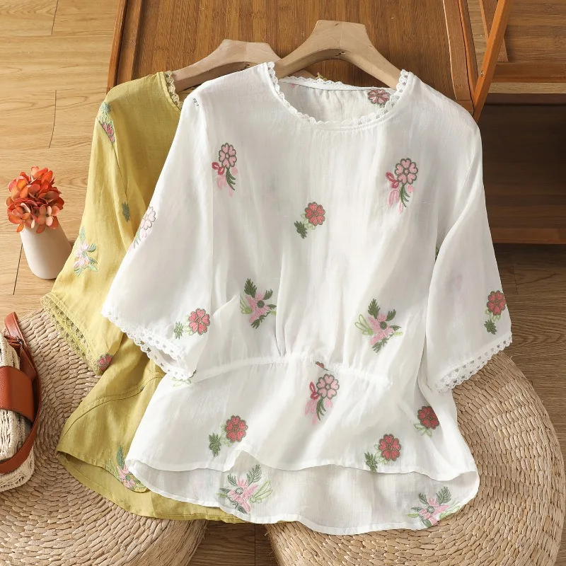 Chinese Style Women's Blouses Embroidered Vintage Shirts Loose Summer Clothing Short Sleeved Cotton Linen Women Tops
Chinese Style Women's Blouses Embroidered Vintage Shirts Loose Summer Clothing Short Sleeved Cotton Linen Women Tops