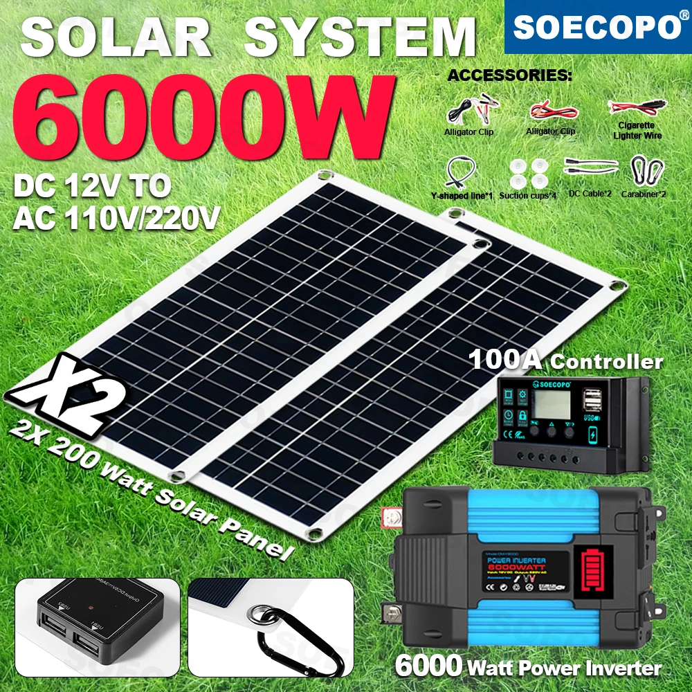 SOECOPO 6000W Camping Solar Panels Complete Kit for Home 2*200W Solar Panels 100A Controller DC 12V To AC 110V/200V Inverter
SOECOPO 6000W Camping Solar Panels Complete Kit for Home 2*200W Solar Panels 100A Controller DC 12V To AC 110V/200V Inverter