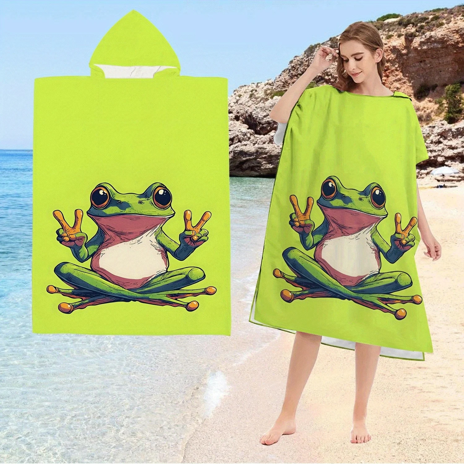 1pc Peace Frog Print Hooded Towel Poncho, Quick Dry Polyester Beach Changing Robe, Matching Family/Couple Swim Poncho for Summer
1pc Peace Frog Print Hooded Towel Poncho, Quick Dry Polyester Beach Changing Robe, Matching Family/Couple Swim Poncho for Summer