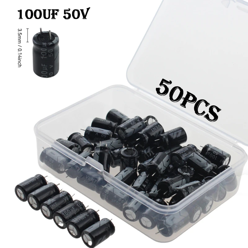 50 шт. 100 мкФ 50 В электролитический конденсатор 8x12 мм 3,5 мм длина контакта электронный компонент
50 шт. 100 мкФ 50 В электролитический конденсатор 8x12 мм 3,5 мм длина контакта электронный компонент