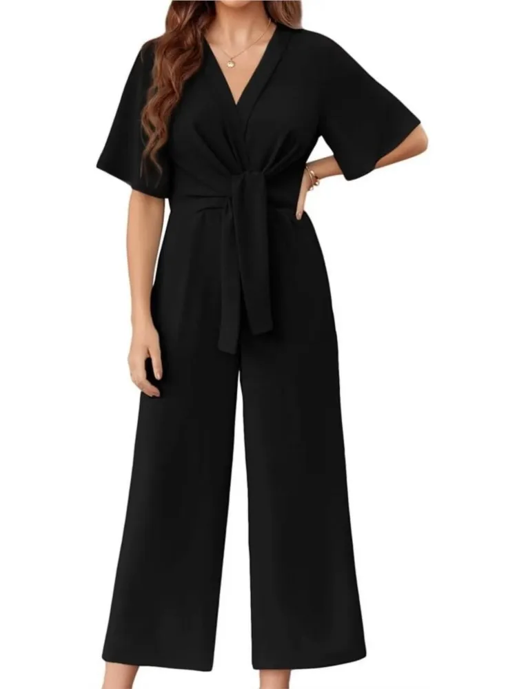 Lady Long Pants Jumpsuit Fashion Solid Half Sleeve V Neck High Waist Lace-up Wide Leg Pants Jumpsuits For Women Holiday Office
Lady Long Pants Jumpsuit Fashion Solid Half Sleeve V Neck High Waist Lace-up Wide Leg Pants Jumpsuits For Women Holiday Office