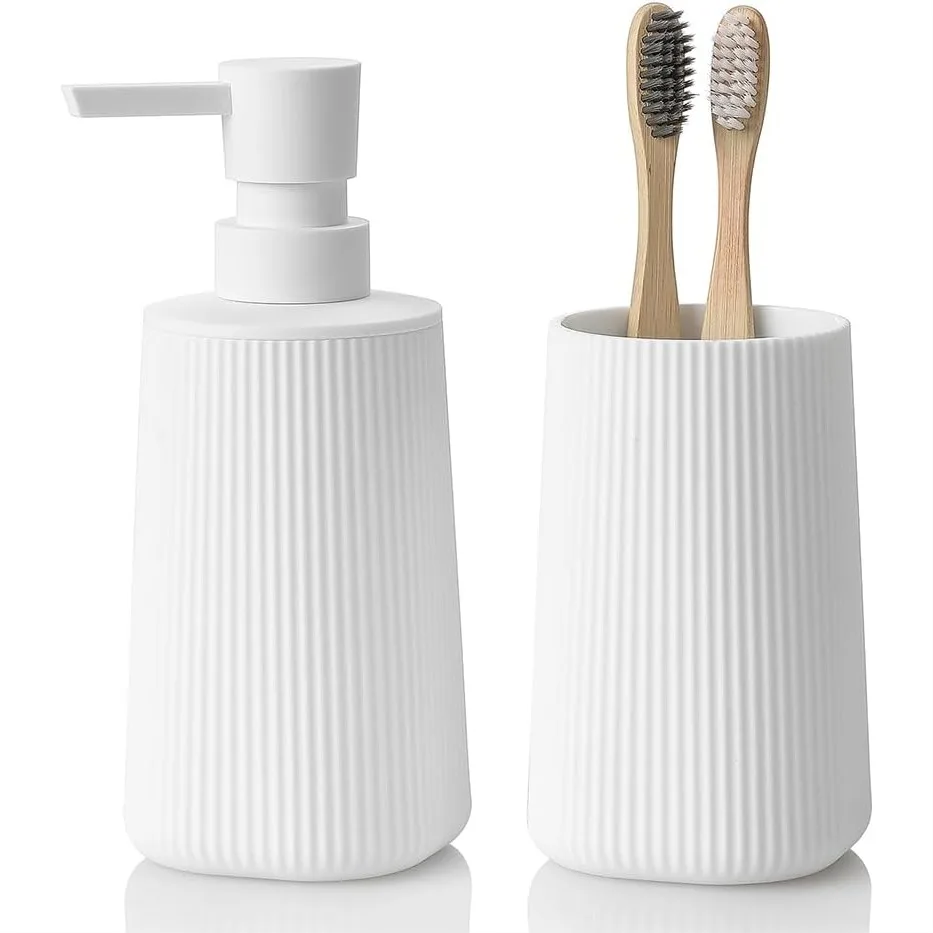 Bathroom Accessories Set 2 Piece Soap Dispenser and Toothbrush Holder Striped White for Countertop
Bathroom Accessories Set 2 Piece Soap Dispenser and Toothbrush Holder Striped White for Countertop