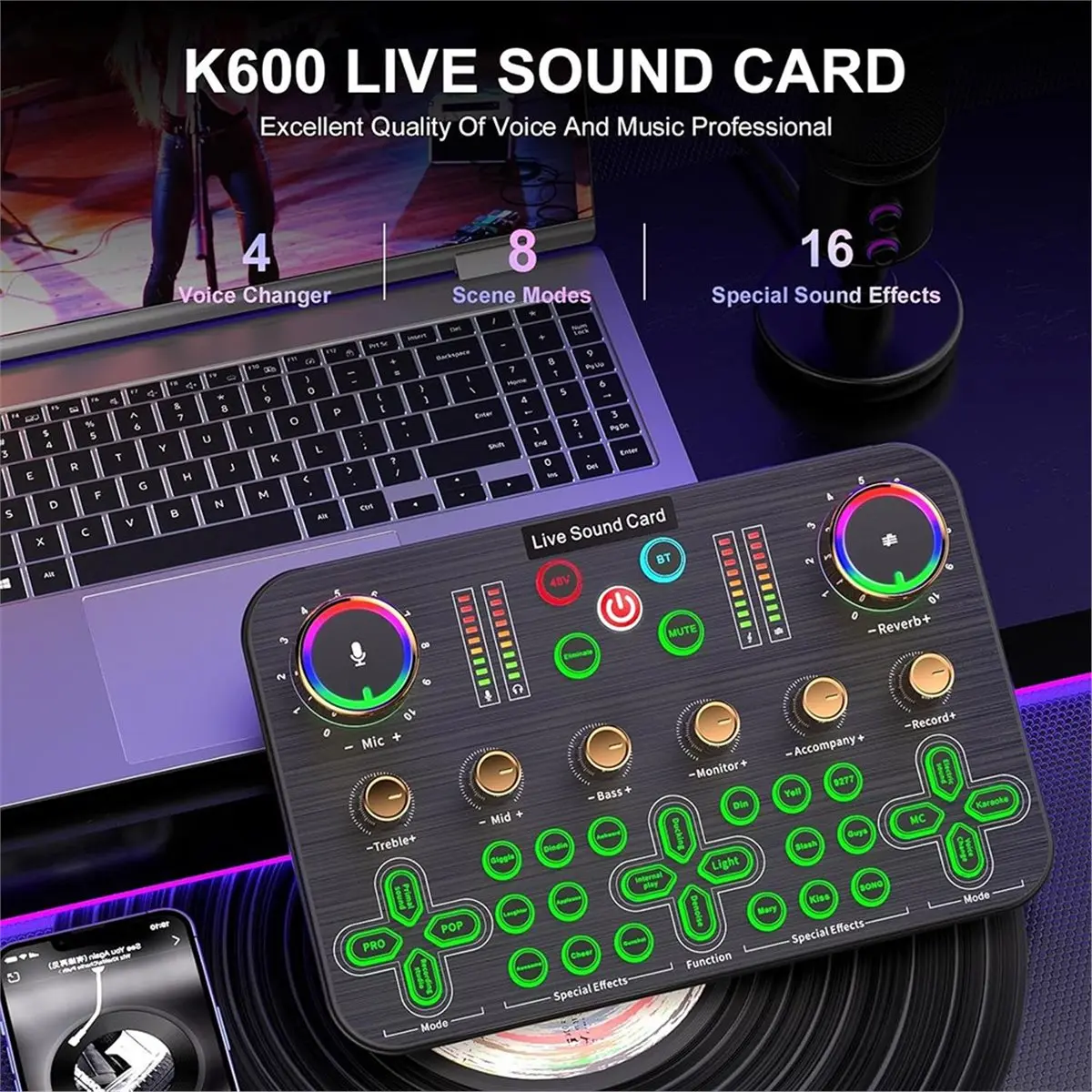 Игровой аудиомикшер K600, аудиомикшер для стриминга с поддержкой микрофонов XLR, звуковая карта для живых выступлений
Игровой аудиомикшер K600, аудиомикшер для стриминга с поддержкой микрофонов XLR, звуковая карта для живых выступлений