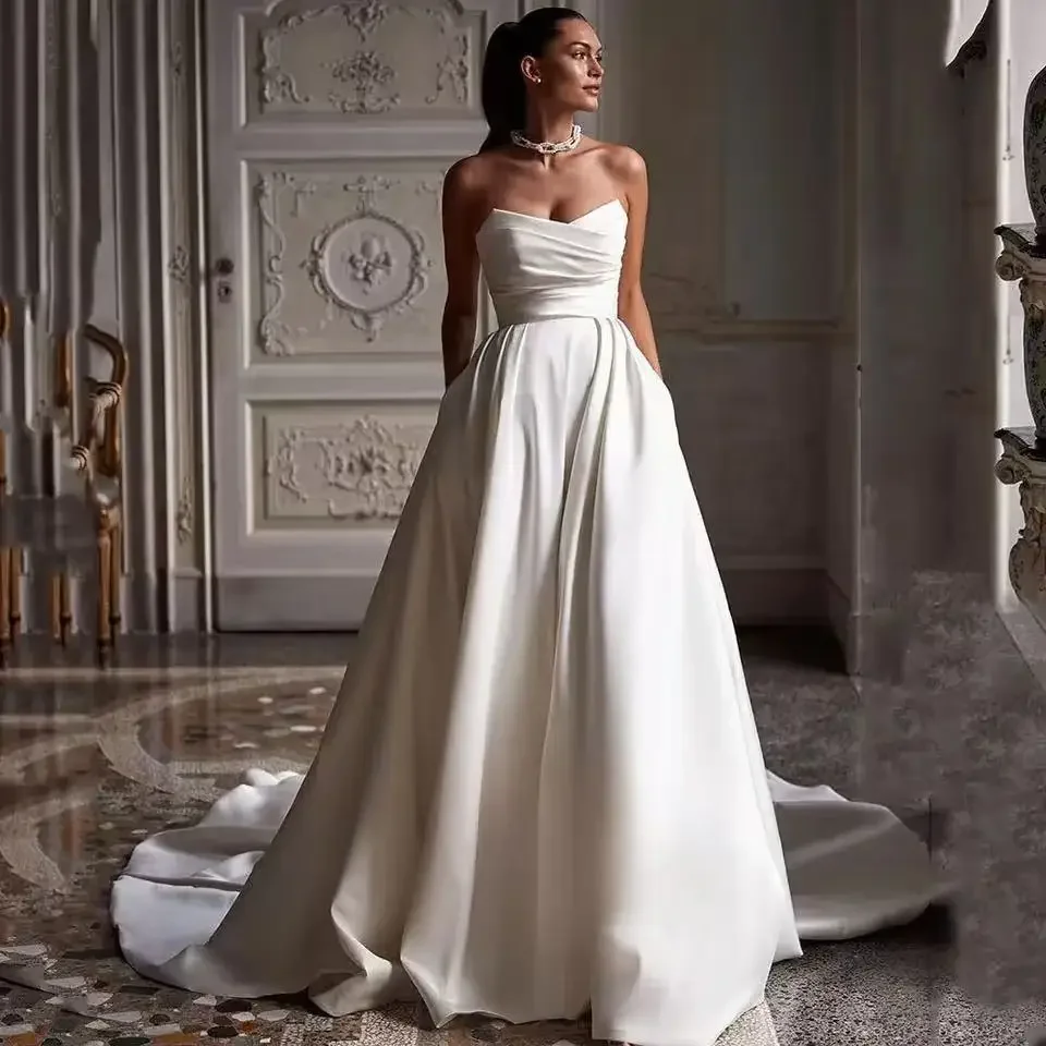 Customized Church Simple A Line Wedding Gown For Women Sweetheart Pleats Customized Wedding Dress Long Reception Bride Dress
Customized Church Simple A Line Wedding Gown For Women Sweetheart Pleats Customized Wedding Dress Long Reception Bride Dress