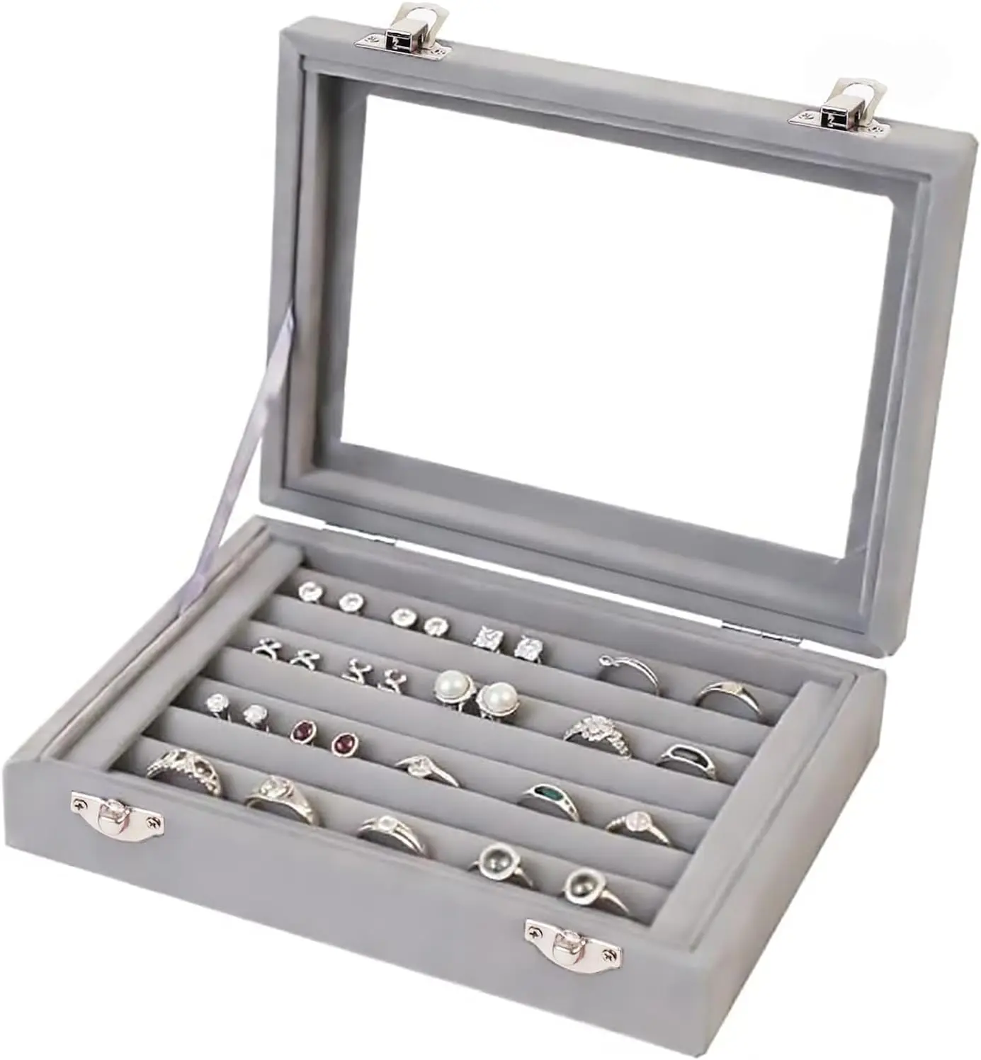 Jewelry Box Rings Organizer Tray 7 Slots Velvet Jewelry Earring Storage Box With Transparent Lid Jewelry Display Case for Girls Women (Gray)
Jewelry Box Rings Organizer Tray 7 Slots Velvet Jewelry Earring Storage Box With Transparent Lid Jewelry Display Case for Girls Women (Gray)