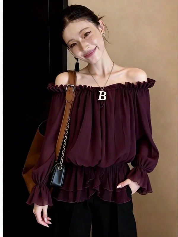 Elegant Purple Shirt Women's One-Shoulder Design Wooden Lace Flounce Sleeve Long Sleeve round Neck Button Closure Top
Elegant Purple Shirt Women's One-Shoulder Design Wooden Lace Flounce Sleeve Long Sleeve round Neck Button Closure Top
