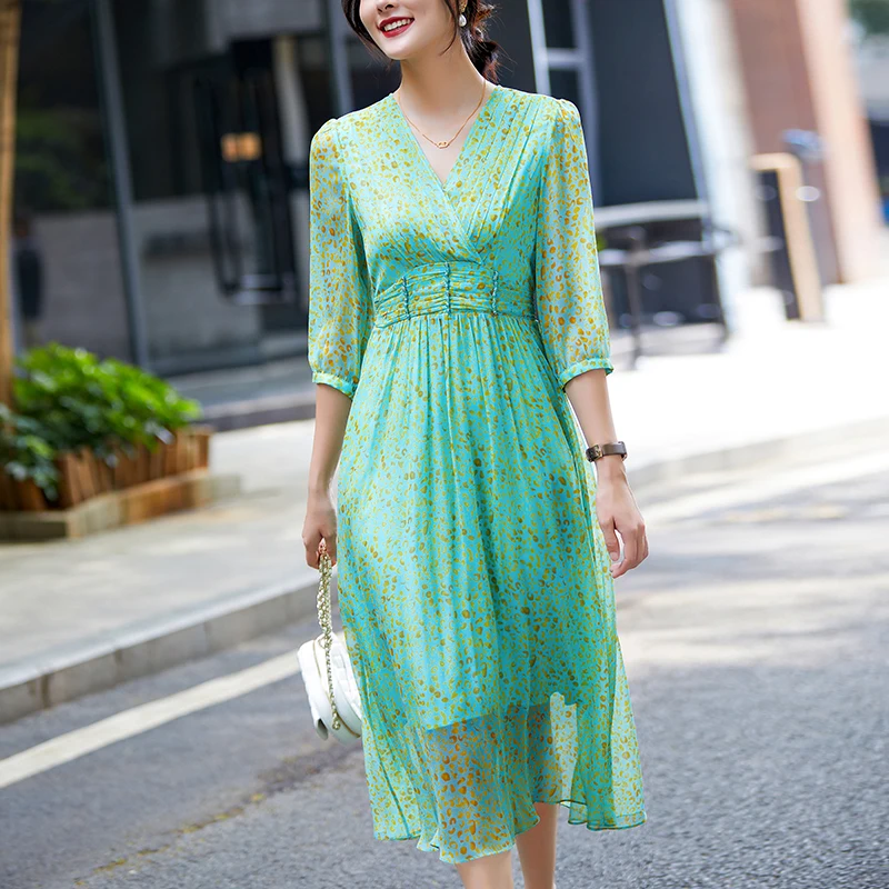100% Real Silk Women's Print Dress 2024 Summer Elegant Fashion Dresses For Women V-neck High Waist Woman Vintage Long Dress
100% Real Silk Women's Print Dress 2024 Summer Elegant Fashion Dresses For Women V-neck High Waist Woman Vintage Long Dress