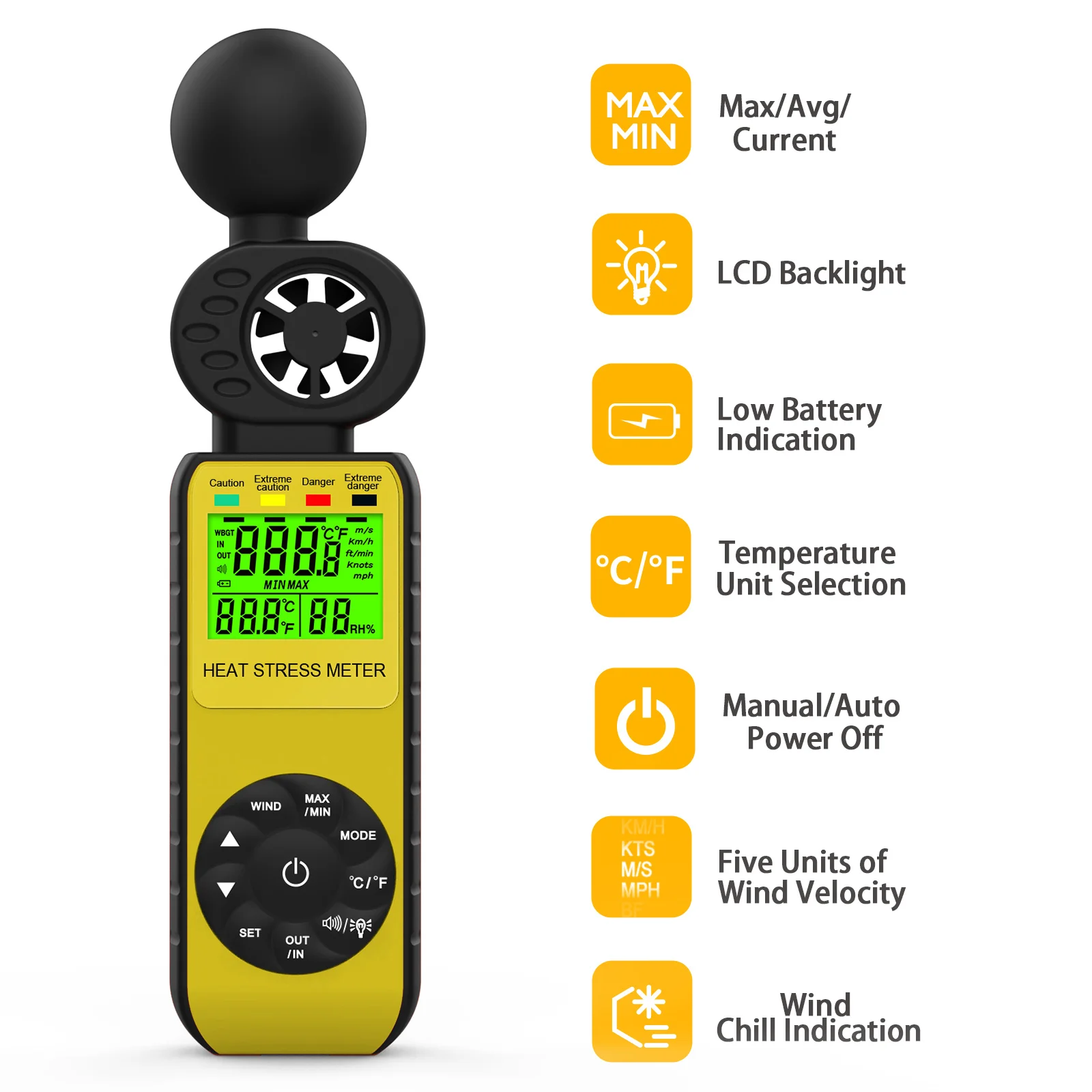 WBGT Anemometer, HP-881W Wind Speed Temperature Humidity Meter 0~50℃, Heat Stress Detector with Alarm & Backlit, 5 Units Change
WBGT Anemometer, HP-881W Wind Speed Temperature Humidity Meter 0~50℃, Heat Stress Detector with Alarm & Backlit, 5 Units Change