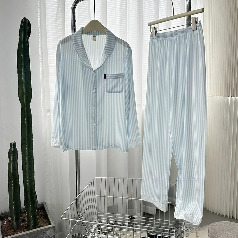 Striped Sleepwear Long Sleeved Lapel Shirt Pants Pajama Set Simple Satin Homewear Loose Casual Nightwear Ice Silk Lounge Wear
Striped Sleepwear Long Sleeved Lapel Shirt Pants Pajama Set Simple Satin Homewear Loose Casual Nightwear Ice Silk Lounge Wear