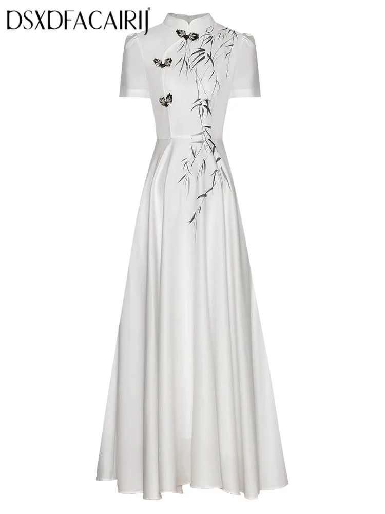 DSFACAIRIJ Women's Stand Collar Long Dress Discoid Buttons Short Sleeve Ink Print Chinese Style Fashion Female Diamond Detail
DSFACAIRIJ Women's Stand Collar Long Dress Discoid Buttons Short Sleeve Ink Print Chinese Style Fashion Female Diamond Detail