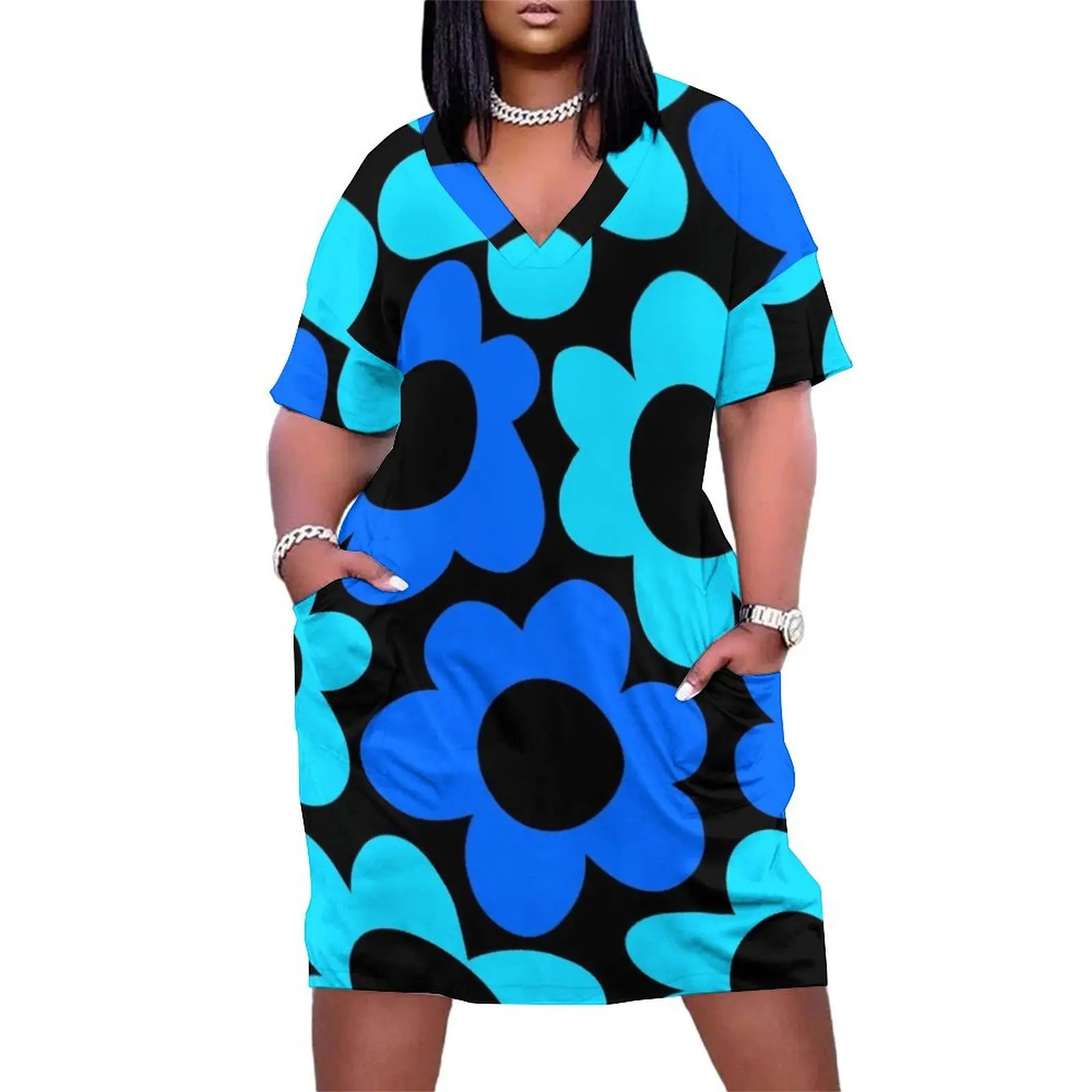 Retro 1960's Blue And Aqua Flower Pattern On Black Loose Pocket Dress dresses for women chic and elegant woman dress
Retro 1960's Blue And Aqua Flower Pattern On Black Loose Pocket Dress dresses for women chic and elegant woman dress