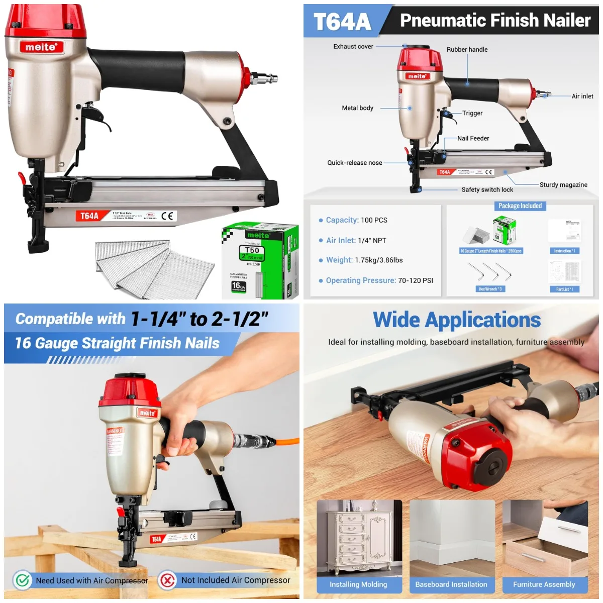 T64A 16 Gauge Finish Nailer with 2500PCS Nails (2'), Pneumatic 2-1/2' Finish Nail Gun, Safety & Quick Release Nose
T64A 16 Gauge Finish Nailer with 2500PCS Nails (2'), Pneumatic 2-1/2' Finish Nail Gun, Safety & Quick Release Nose