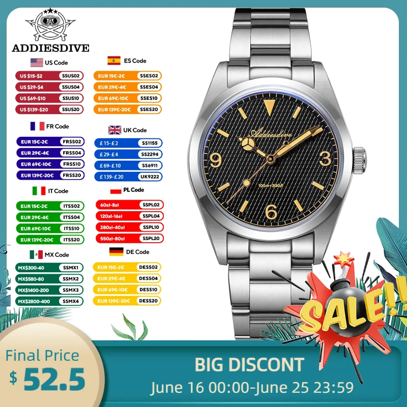 ADDIESDIVE Men's Watch 36mm VH31 New AD2096 Quartz Watches Stainless Steel Bubble Mirror Glass Luminous Waterproof WristWatch
ADDIESDIVE Men's Watch 36mm VH31 New AD2096 Quartz Watches Stainless Steel Bubble Mirror Glass Luminous Waterproof WristWatch