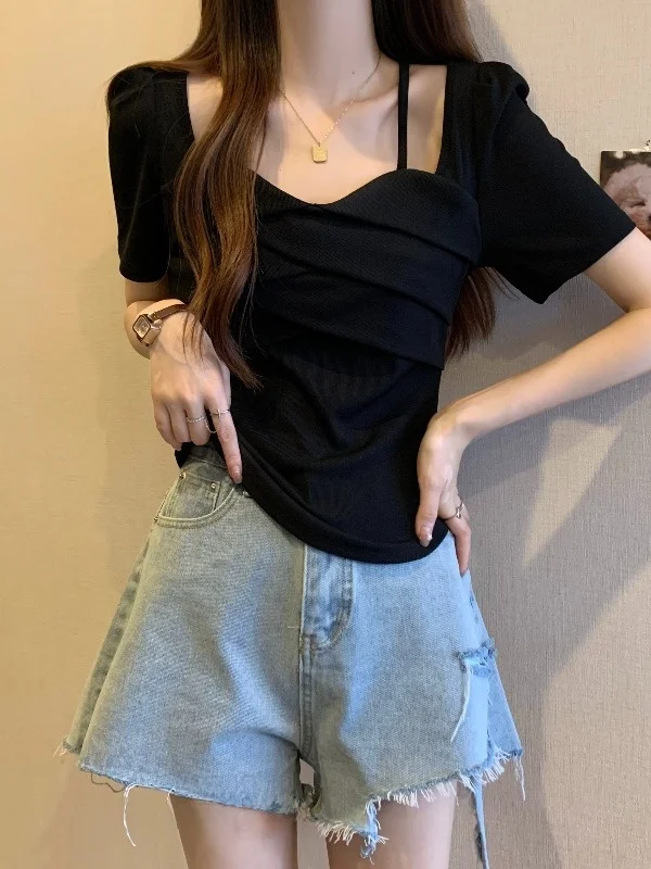 Slim Fit Square Collar ort Sve T-irt Women Summer Design plus Size oulder Width Appropriate Korean Sle Top
Slim Fit Square Collar ort Sve T-irt Women Summer Design plus Size oulder Width Appropriate Korean Sle Top