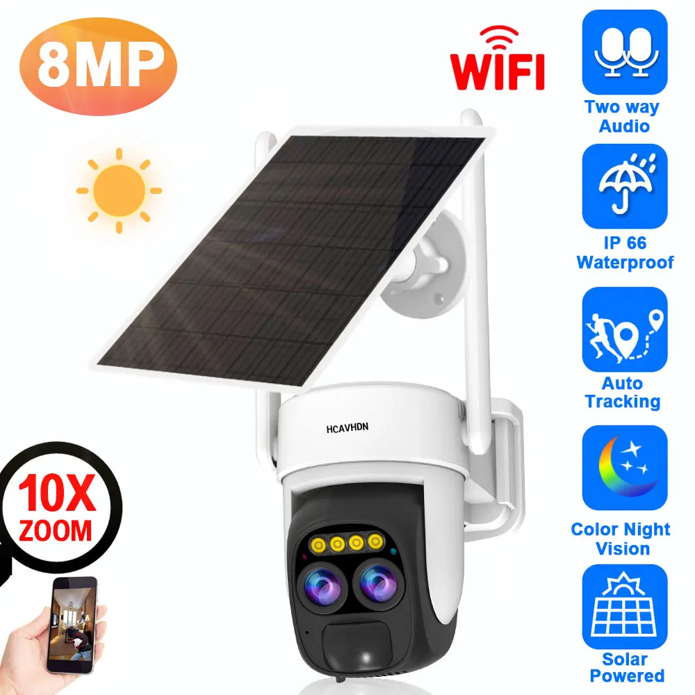 4K HD Solar Power Wifi PTZ IP Camera Dual Lens 10X Zoom Outdoor Auto Tracking Wireless Battery CCTV Security Surveillance Camera
4K HD Solar Power Wifi PTZ IP Camera Dual Lens 10X Zoom Outdoor Auto Tracking Wireless Battery CCTV Security Surveillance Camera