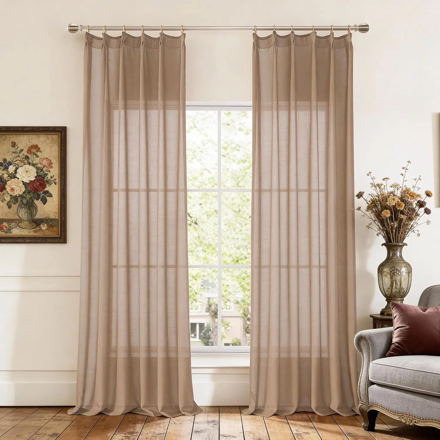 Sheer Sliding Door Curtains 108 Inches Long, Pinch Pleated Voile Drapes with Adjustable Hooks for French Door, Light Filtering
Sheer Sliding Door Curtains 108 Inches Long, Pinch Pleated Voile Drapes with Adjustable Hooks for French Door, Light Filtering