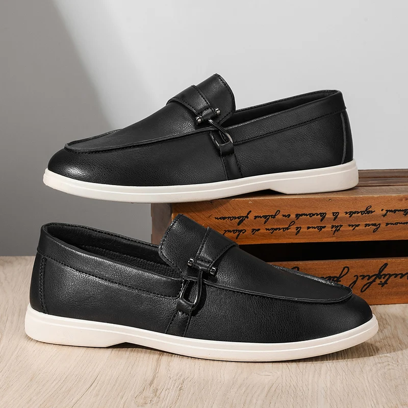 Мужские черные кожаные лоферы без шнуровки в корейском стиле — удобная обувь для ленивых повседневных универсальных белых подошв
Мужские черные кожаные лоферы без шнуровки в корейском стиле — удобная обувь для ленивых повседневных универсальных белых подошв
