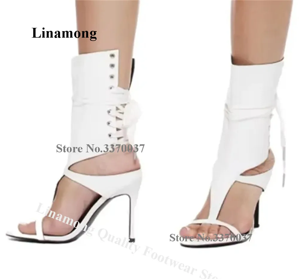 Linamong Fashion White Black Matte Leather Stiletto Heel Short Gladiator Boots Open Toe Cut-out Lace-up Thin Heel Sandal Boots
Linamong Fashion White Black Matte Leather Stiletto Heel Short Gladiator Boots Open Toe Cut-out Lace-up Thin Heel Sandal Boots