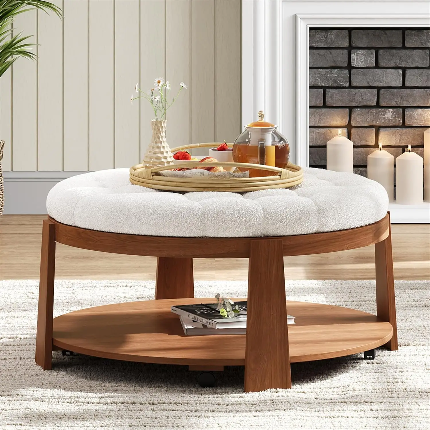 Modern Large Round 2-Tier Ottoman Coffee Table - Oversized Button Tufted Upholstered Footrest with Wood Storage Shelf & Wheels,
Modern Large Round 2-Tier Ottoman Coffee Table - Oversized Button Tufted Upholstered Footrest with Wood Storage Shelf & Wheels,