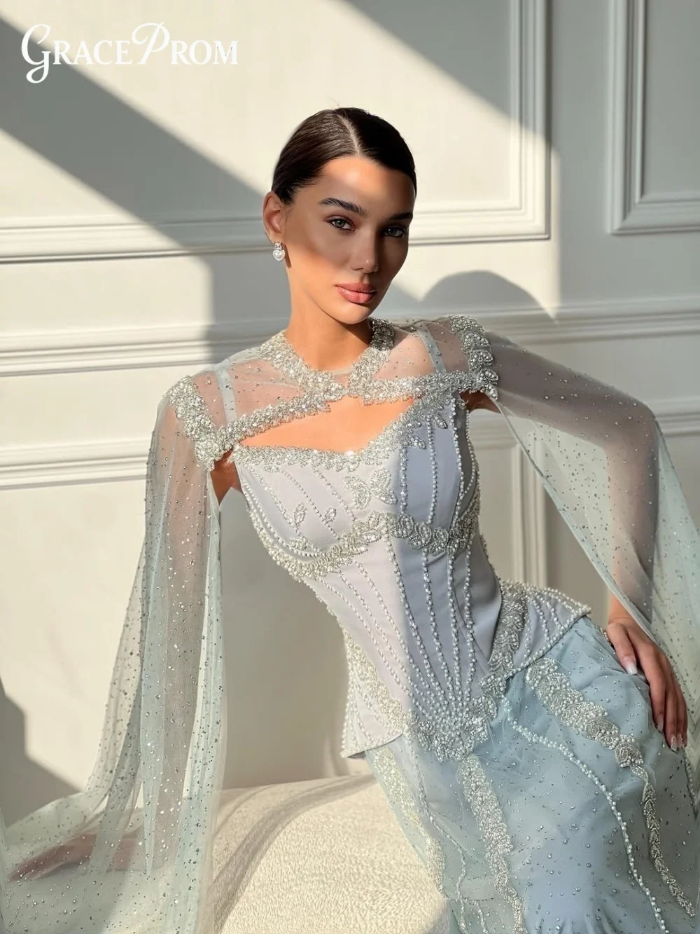 Sparkly Beaded Cape Sleeve Party Dress 2026 Majestic Grey Corset Tulle Evening Gown Formal Gown For Wedding Guests فساتين سهرة
Sparkly Beaded Cape Sleeve Party Dress 2026 Majestic Grey Corset Tulle Evening Gown Formal Gown For Wedding Guests فساتين سهرة