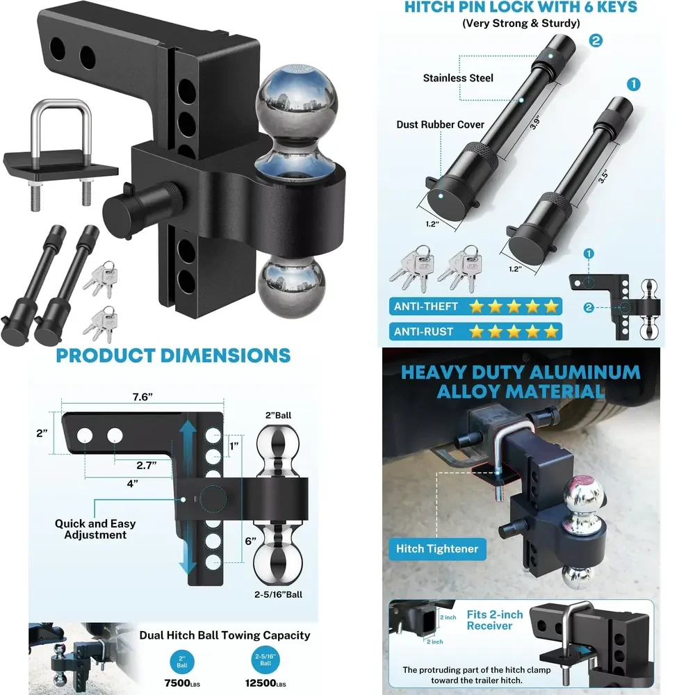 6 Inch Adjustable Trailer Hitch Fit 2 Inch Receiver, Dual Solid Ball 2" and 2-5/16"(12,500 LBS GTW)
6 Inch Adjustable Trailer Hitch Fit 2 Inch Receiver, Dual Solid Ball 2" and 2-5/16"(12,500 LBS GTW)