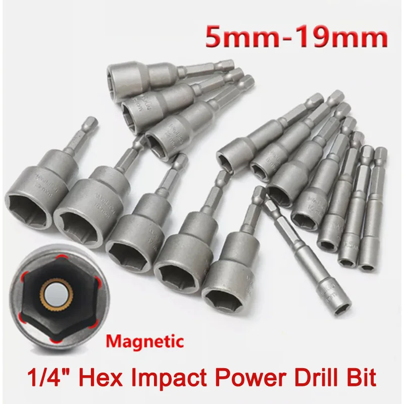 5mm-19mm Magnetic Nut Driver 1/4" Hex Shank Impact Power Drill Bit Chromium-vanadium Steel Socket Adaptors Total length:65mm
5mm-19mm Magnetic Nut Driver 1/4" Hex Shank Impact Power Drill Bit Chromium-vanadium Steel Socket Adaptors Total length:65mm