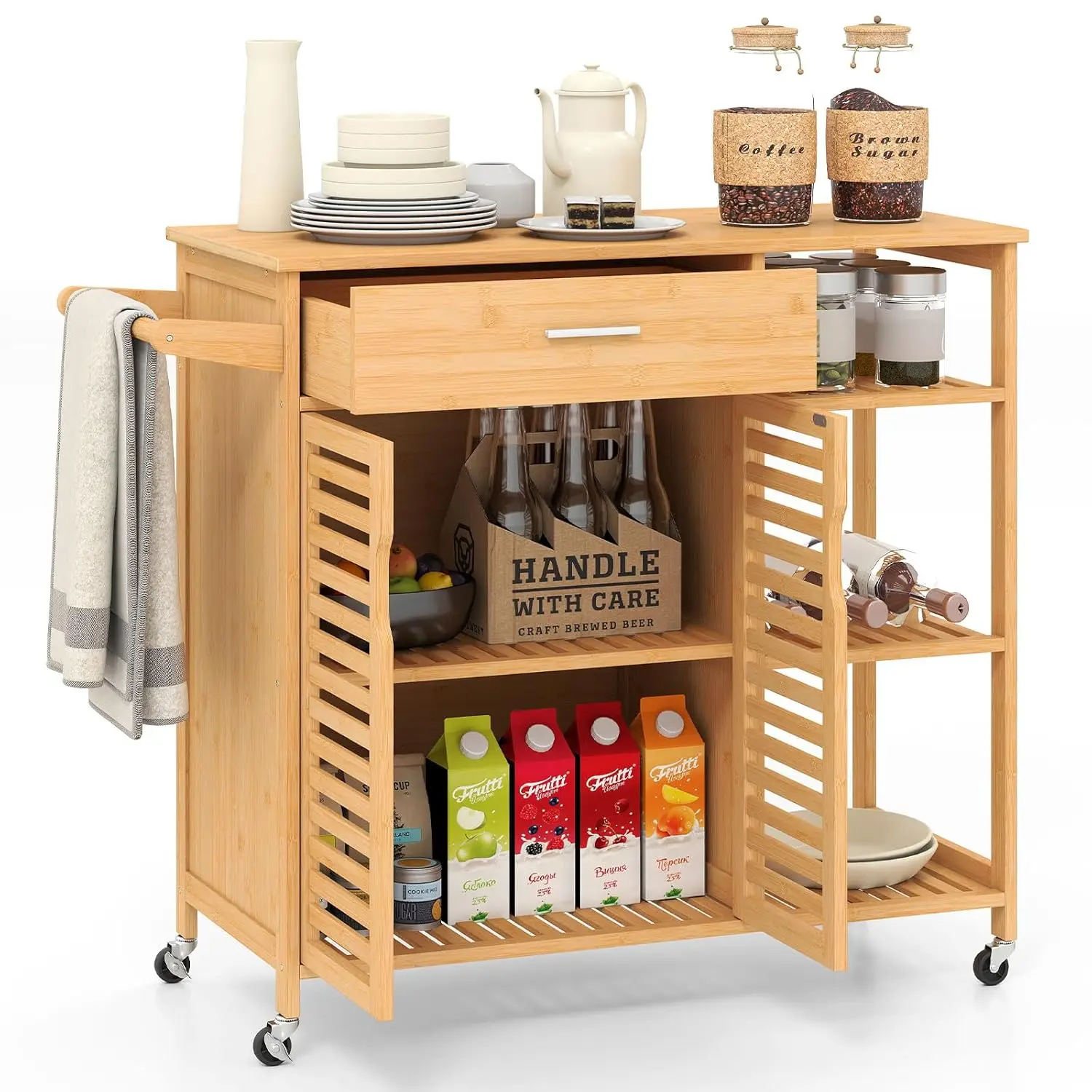 Bamboo Kitchen Island Cart on Wheels, Rolling Storage Sideboard with Large Drawer, Open Shelves, Towel Rack & 2-Door Cabinet, Mo
Bamboo Kitchen Island Cart on Wheels, Rolling Storage Sideboard with Large Drawer, Open Shelves, Towel Rack & 2-Door Cabinet, Mo