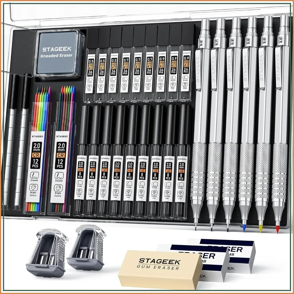 35Pcs Mechanical Pencil Set with Case, 0.5 0.7 0.9 2.0mm Metal Drawing Pencils, 384 Lead Refills for Writing Sketching
35Pcs Mechanical Pencil Set with Case, 0.5 0.7 0.9 2.0mm Metal Drawing Pencils, 384 Lead Refills for Writing Sketching