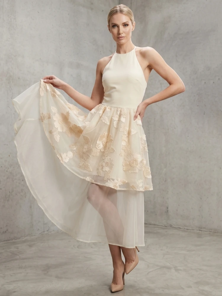 Sexy Halter Neck Embroidered Flower Pacthwrok Long Dress Women Beige Sleeveless Backless Floral A-line Dresses Evening Party Gow
Sexy Halter Neck Embroidered Flower Pacthwrok Long Dress Women Beige Sleeveless Backless Floral A-line Dresses Evening Party Gow
