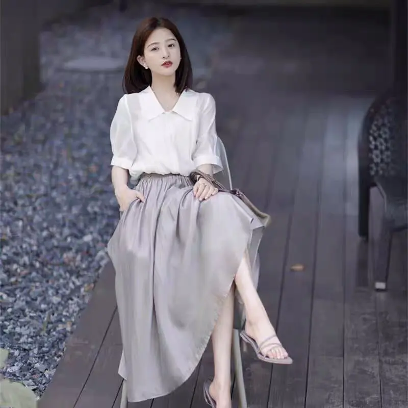 Casual Fashionable Women's Shirt And Skirt Set Short Sleeve Sweet Style Dress Polyester Fabric Summer New Arrival
Casual Fashionable Women's Shirt And Skirt Set Short Sleeve Sweet Style Dress Polyester Fabric Summer New Arrival